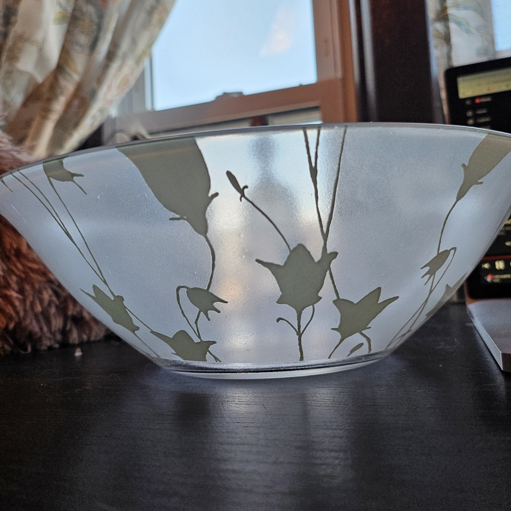 Vintage Arcoroc frosted glass bowl from France, featuring a green flower pattern